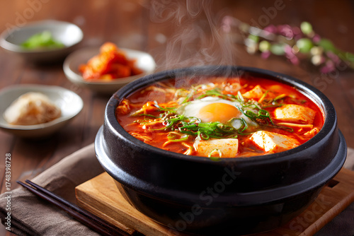 Savory Korean Stew: A steaming bowl of traditional Korean stew, rich in flavors with tofu and egg, ready to enjoy.