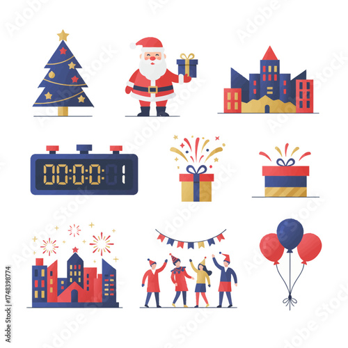 Christmas & New Year Vector Kit. Complete set of Santa, Trees, Gifts, and Party Scenes. Modern flat minimal style with a cohesive RedGold color palette. Essential branding assets.