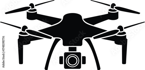 A black drone illustration with propellers camera and landing gear silhouette on transparent background
