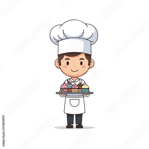 Happy baker holding tray of colorful cupcakes in bright kitchen, showcasing delicious treats with a cheerful and inviting atmosphere.