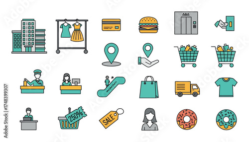 Vector art of collection of shopping and retail icons, including buildings, clothing, food, and services, representing commerce and consumerism