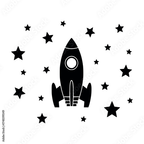 Vector art of black silhouette of a rocket ship surrounded by stars