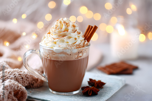 steaming mug of rich, creamy hot chocolate, adorned with fluffy whipped cream and a cinnamon stick, invites a moment of pure comfort and indulgence amidst a warm.