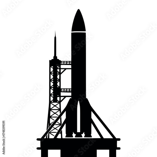 Vector art of silhouette of a large rocket on a launchpad with a detailed tower structure
