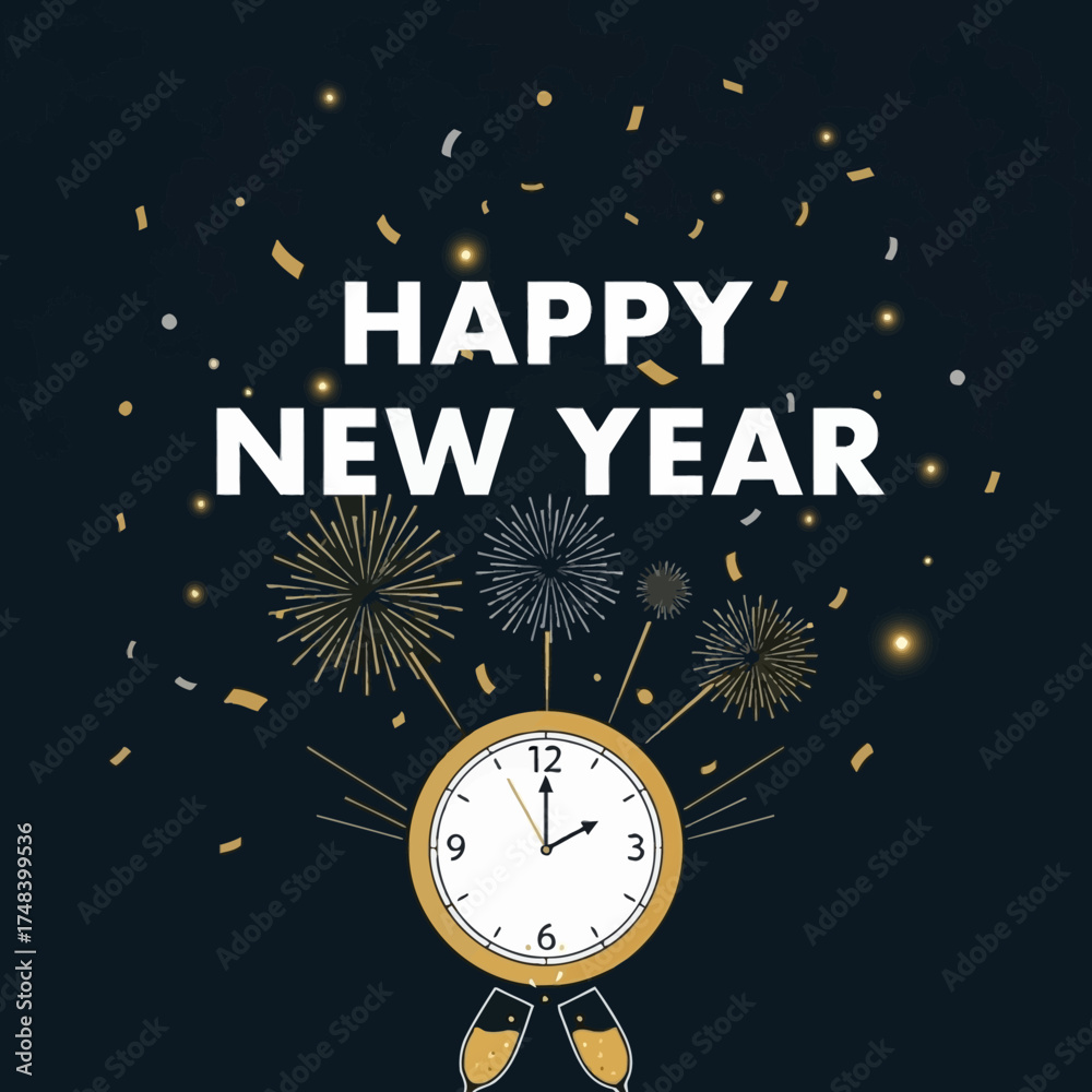 Fototapeta premium Midnight Celebration Flat Vector. Professional illustration of a golden clock, fireworks, and champagne. Minimalist design for New Year's promotions, invitations, and digital flyers.