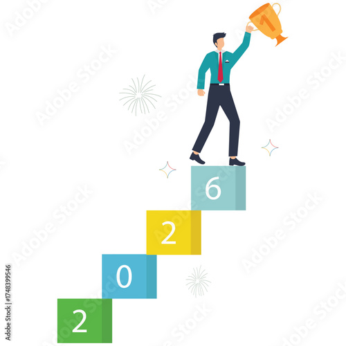 Triumphant businessman ascending steps to success with trophy, symbolizing achievement and career growth in vibrant 2026, leadership motivation