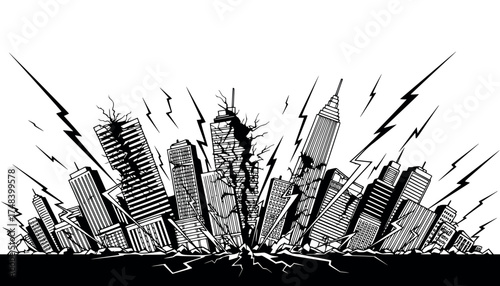 Vector art of dramatic illustration of a city skyline crumbling and collapsing with lightning bolts emanating from the buildings, symbolizing disaster or destruction