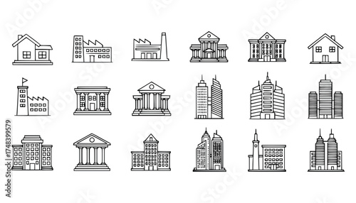 Vector art of collection of handdrawn building icons, including houses, factories, and modern skyscrapers