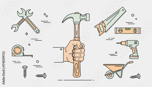 Illustration of various tools and hardware, including a hammer, saw, drill, wrench
