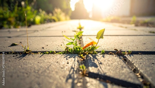 Fototapeta Naklejka Na Ścianę i Meble -  Sunlight streams down on small plants growing between paving stones