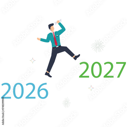 Excited professional jumping towards 2027, celebrating future success and growth, embracing new opportunities with optimism and enthusiasm for the year ahead
