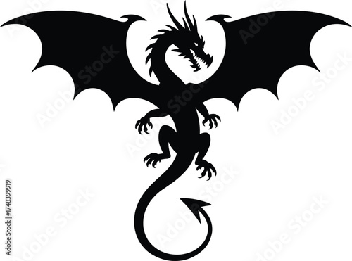 Detailed black dragon illustration with wings and tail on transparent background silhouette