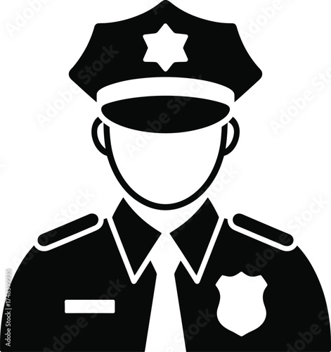 Black police officer head silhouette icon on transparent background
