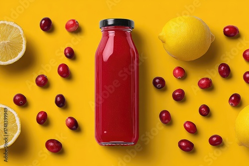 Red smoothie bottle with cranberries and lemon slices on a yellow background