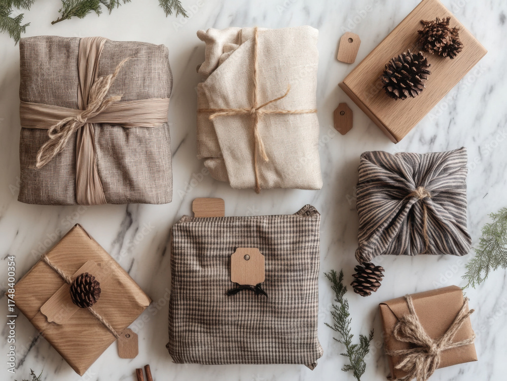 Fototapeta premium Gift wrapping ideas for special occasions home photography cozy atmosphere top-down view creative presentation