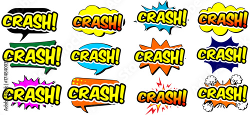 Cartoon comic sign burst clouds. Speech bubble, Crash sign expression and pop art text frames. Comics mem expressions speech, superhero book Crash label. Isolated vector symbols set