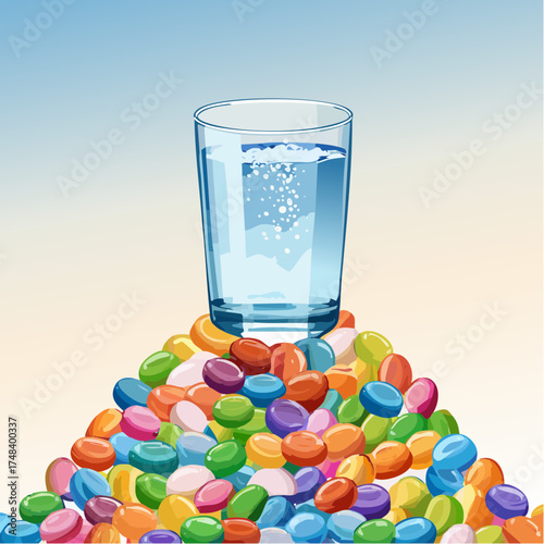 A glass of clear, sparkling water sits atop a towering mountain of brightly colored sugary candies.