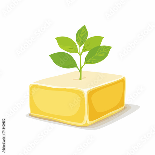 A small, sickly brown sapling attempts to grow out of the middle of a thick, synthetic block of margarine.