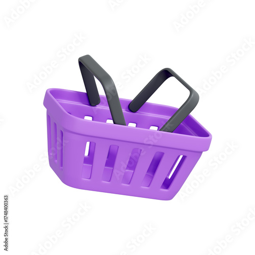 3D render of a purple shopping basket with black handles isolated on white background. Minimal design retail and commerce concept