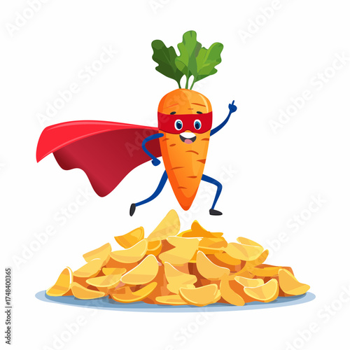 A giant carrot with a superhero cape dramatically flies over a fallen, sad-looking heap of potato chips.
