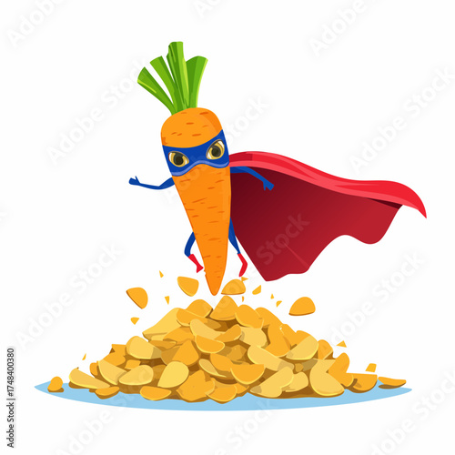 A giant carrot with a superhero cape dramatically flies over a fallen, sad-looking heap of potato chips.