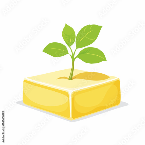 A small, sickly brown sapling attempts to grow out of the middle of a thick, synthetic block of margarine.