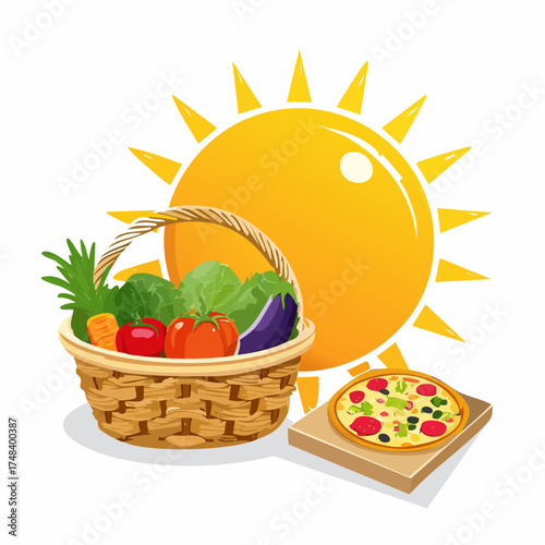 A bright, golden morning sun shines intensely on a basket of fresh produce but leaves a pizza box in shadow.