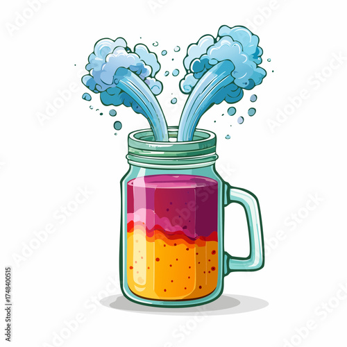 A dense, colorful smoothie is trapped inside a glass jar, while greasy smoke escapes from the lid.