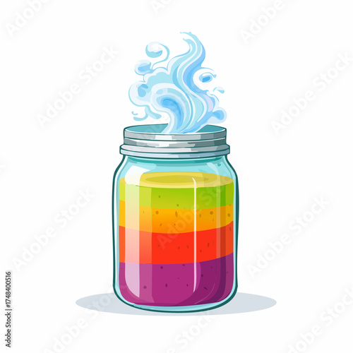 A dense, colorful smoothie is trapped inside a glass jar, while greasy smoke escapes from the lid.