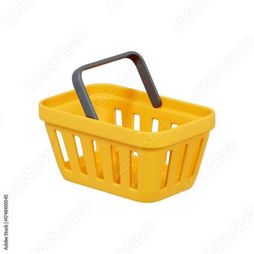 3D render of a yellow plastic shopping basket with a gray handle isolated on white background. Retail concept
