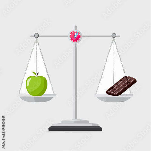 An apple and a candy bar placed on a weighing scale with the balance tipping toward the apple.