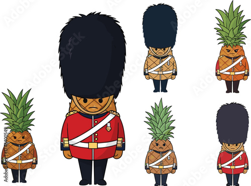 Cartoon pineapple guards, British Royal Guard fruit characters, funny pineapple illustration, whimsical fruit artwork, ceremonial guard mascot, UK heritage design, playful vector