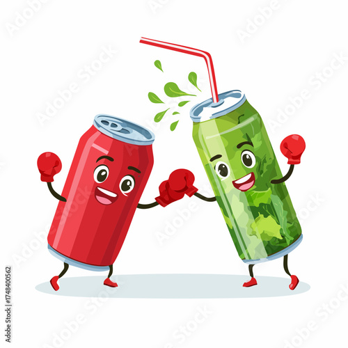 A smoothie bottle with fresh greens battling against a fizzy soda can in a boxing match.
