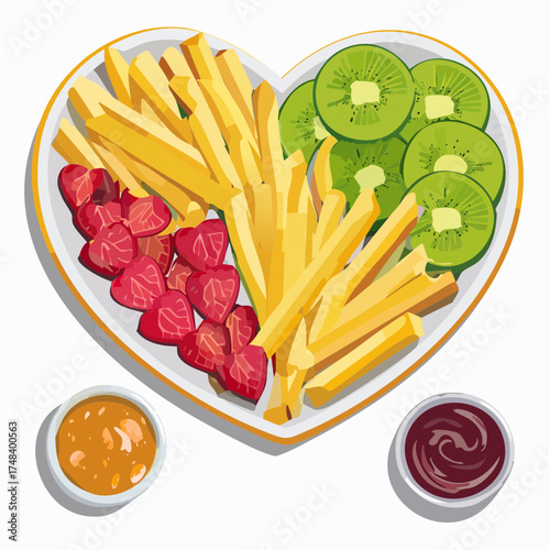 A heart-shaped fruit platter placed opposite a bowl of salted French fries.