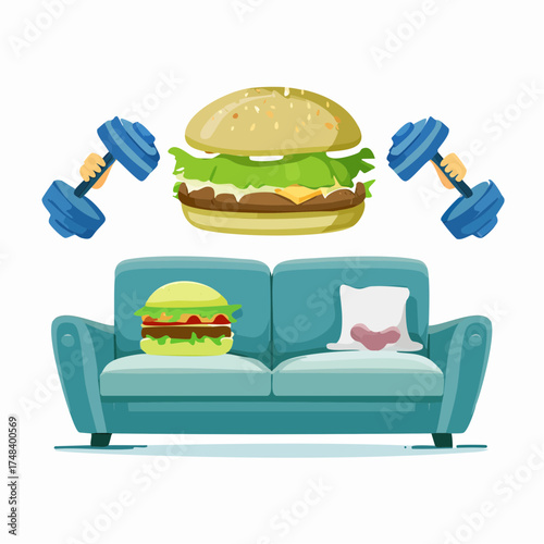 A salad bowl lifting miniature dumbbells while a burger reclines lazily on a cozy couch.