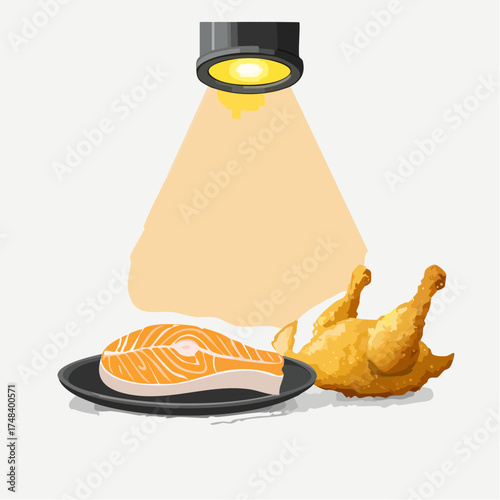 A glowing baked fish fillet placed next to greasy fried chicken under a spotlight.