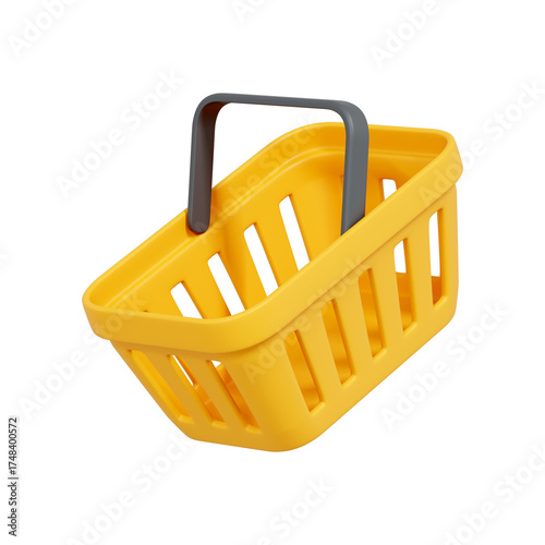 3D render of a yellow plastic shopping basket with gray handles, tilted on white background. Concept of shopping and retail