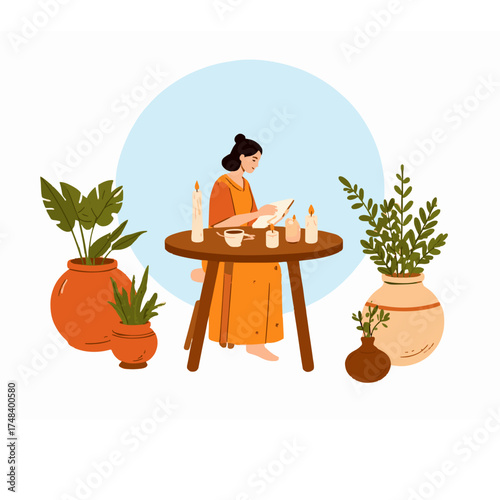 Cozy vector illustration of a woman journaling at a candlelit table, surrounded by houseplants. Represents self-care, mindfulness, and personal reflection.