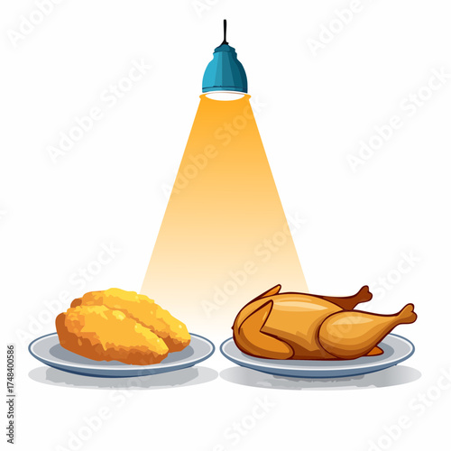 A glowing baked fish fillet placed next to greasy fried chicken under a spotlight.
