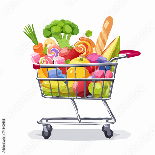 A grocery cart filled with vibrant fresh produce on one side and sugary treats on the other.