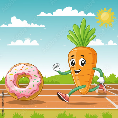 A carrot running in a track race against a dazed frosted donut under sunny skies.