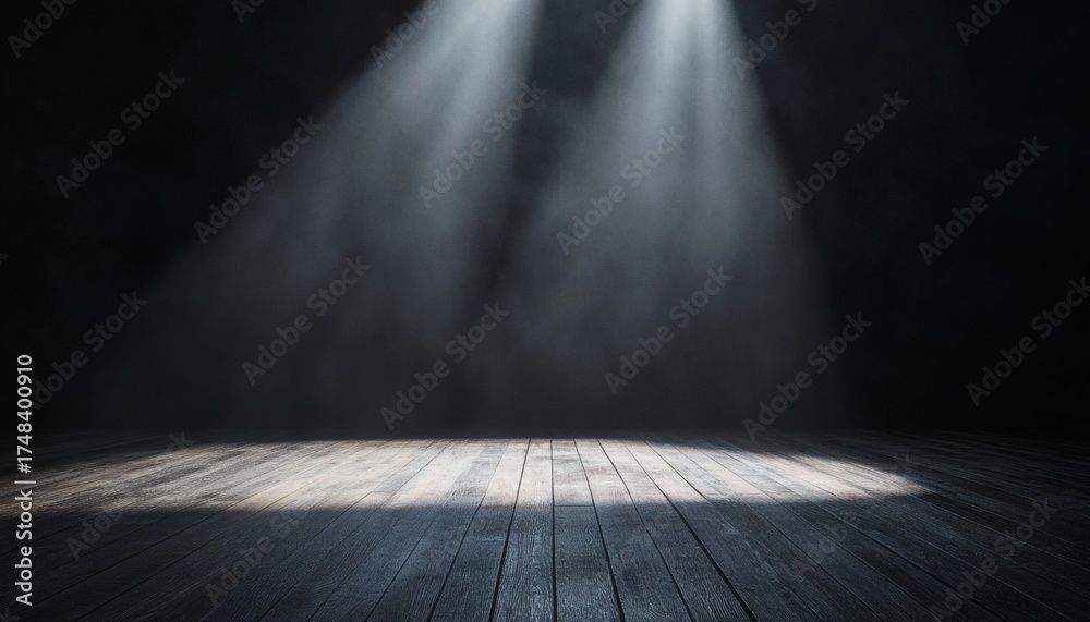 Obraz premium Dark wooden floor illuminated by two spotlights