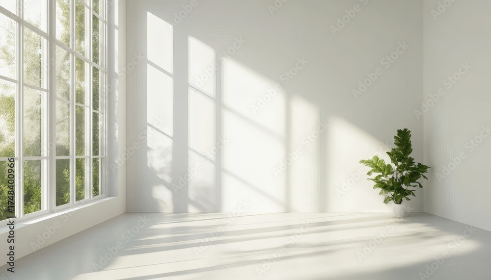 Fototapeta premium Sunlight streams into a minimalist room with white walls and a large window, illuminating a potted plant in the corner