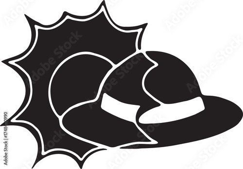 silhouette illustration of sun and hat in bold pictogram style drawn by hand