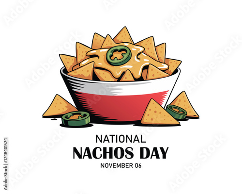 National Nachos Day vector. Mexican nachos corn tortilla with cheese and peppers icon vector. Nacho chips in a box vector. Nachos Day Poster, November 6.