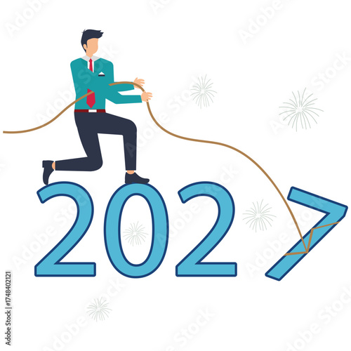 Dynamic businessman pulling 2027 with determination, celebrating new year success and achieving ambitious goals with vibrant fireworks display