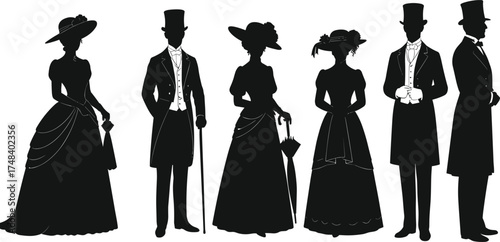 Victorian era silhouettes, vintage fashion illustration, historical costume vector, elegant men and women, 19th century style, retro dress design, antique theme