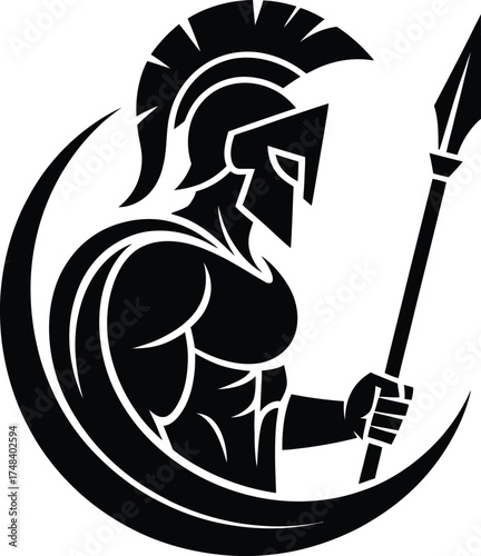 Ancient spartan warrior with spear and helmet striking pose on transparent background silhouette