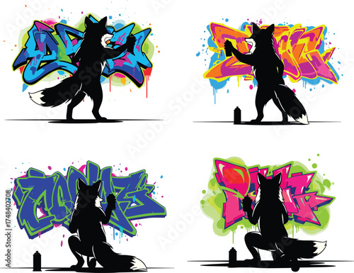 Silhouette foxes spray painting graffiti, four colorful urban wall designs, cartoon street art illustration, vibrant character poses, furry style expression