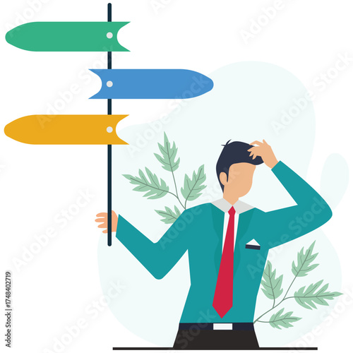 Confused businessman facing career crossroads with vibrant signpost, symbolizing challenging decisions, business strategy, and professional direction for success